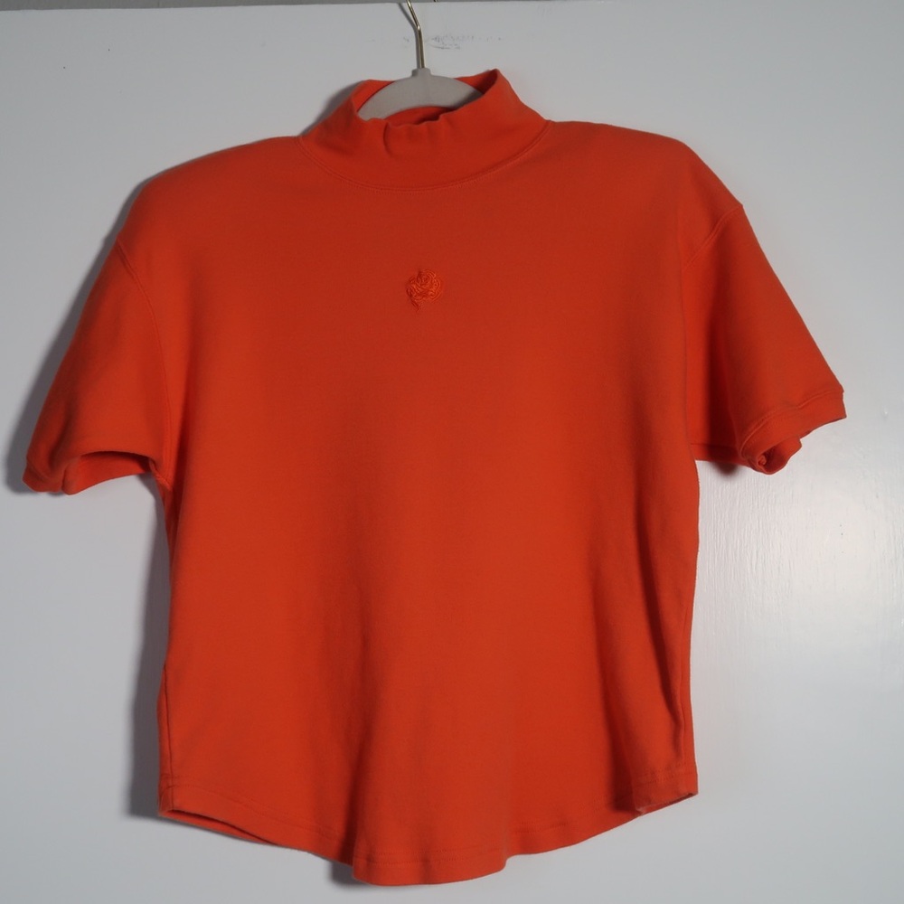 Vintage Orange Mock Neck T-shirt with Embroidered Rose